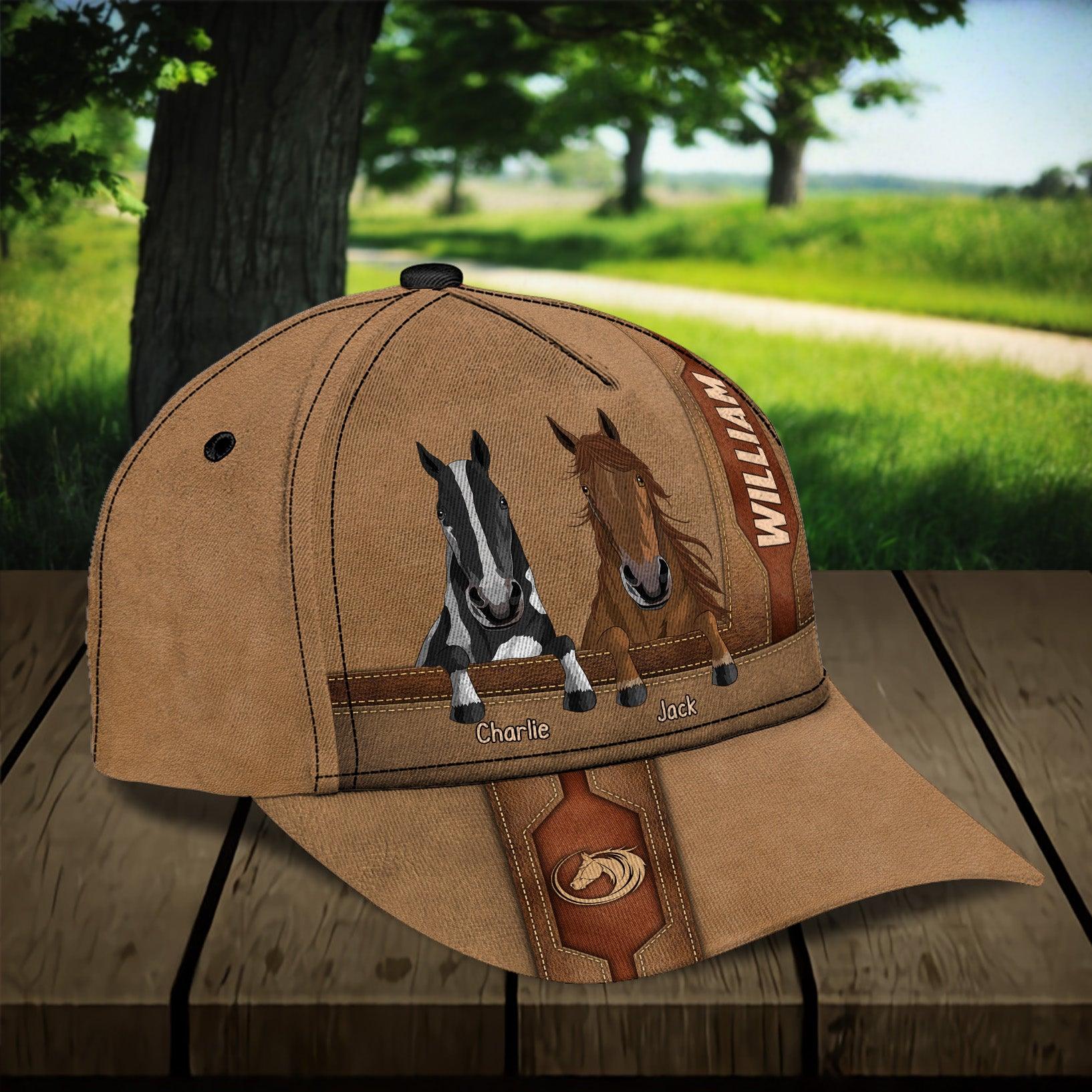 Horse Brown Leather Pattern With Horse Logo Personalized Classic Cap, Personalized Gift for Horse Lovers Trucker Hats Custom Hats Gifts For Men & Women