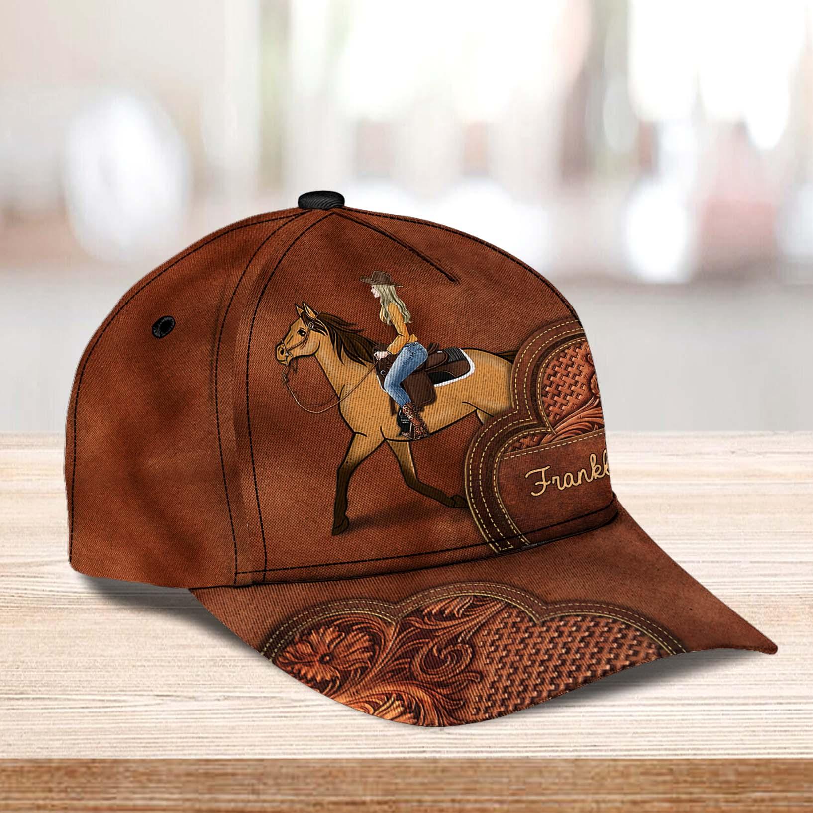 Horse Lady With Flower Leather Background Personalized Classic Cap, Personalized Gift for Horse Lovers Trucker Hats Custom Hats Gifts For Men & Women