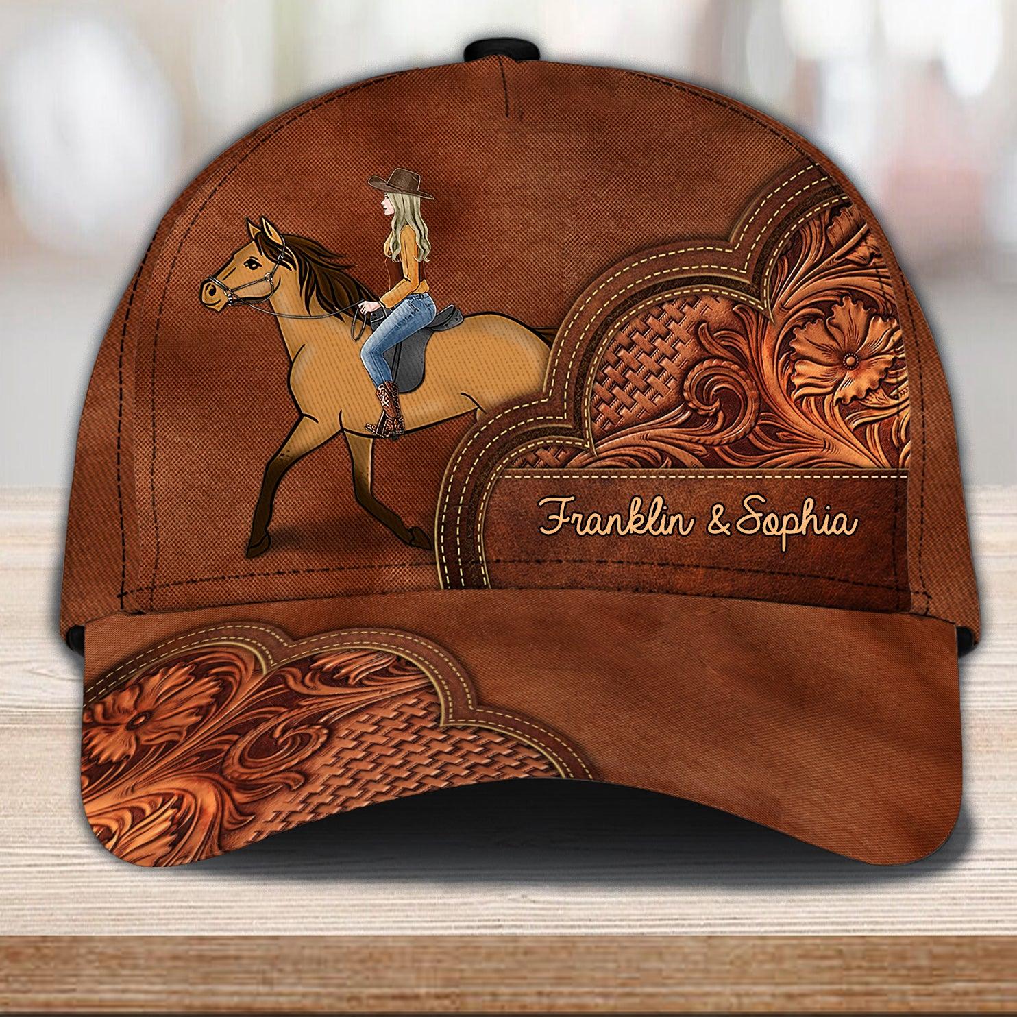 Horse Lady With Flower Leather Background Personalized Classic Cap, Personalized Gift for Horse Lovers Trucker Hats Custom Hats Gifts For Men & Women