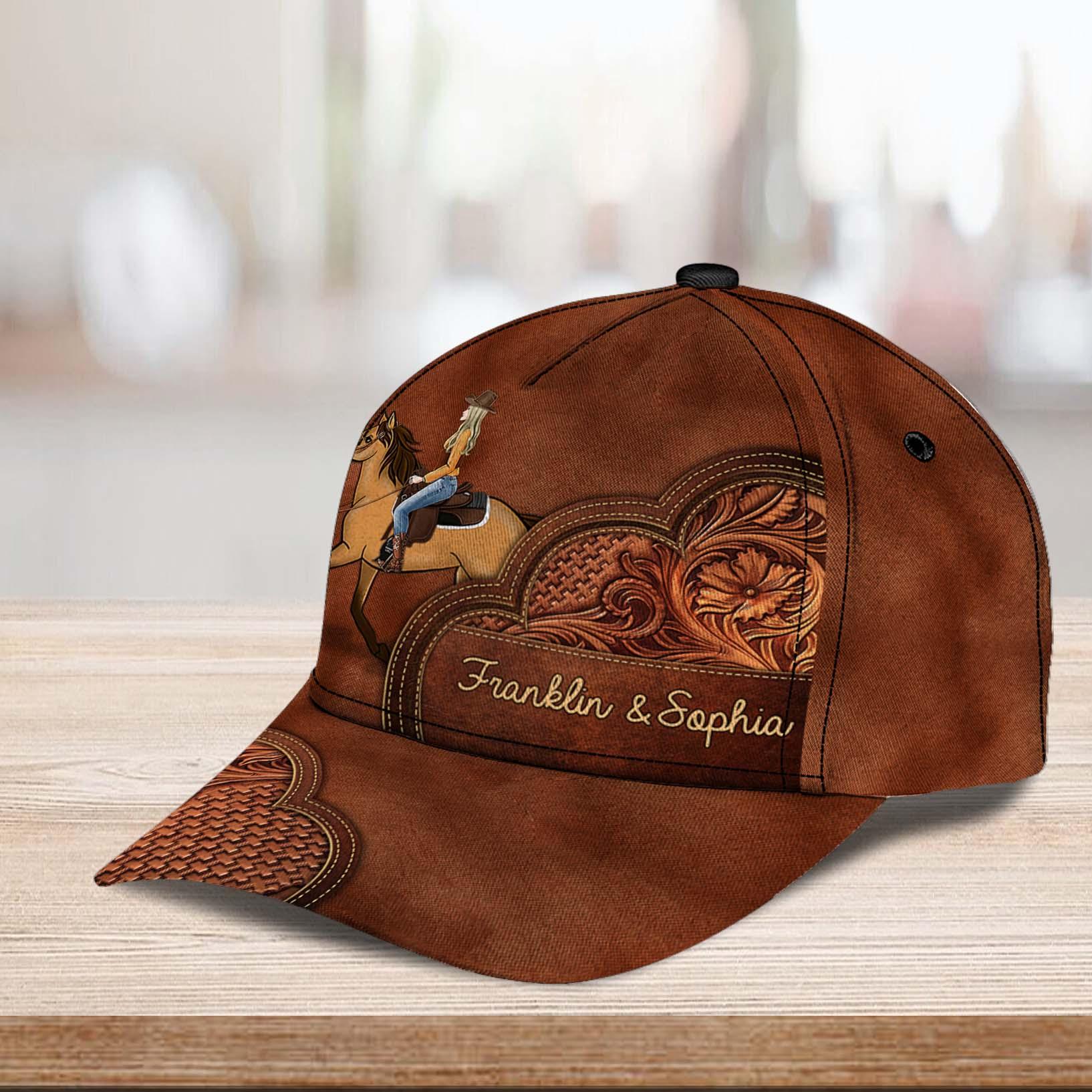 Horse Lady With Flower Leather Background Personalized Classic Cap, Personalized Gift for Horse Lovers Trucker Hats Custom Hats Gifts For Men & Women