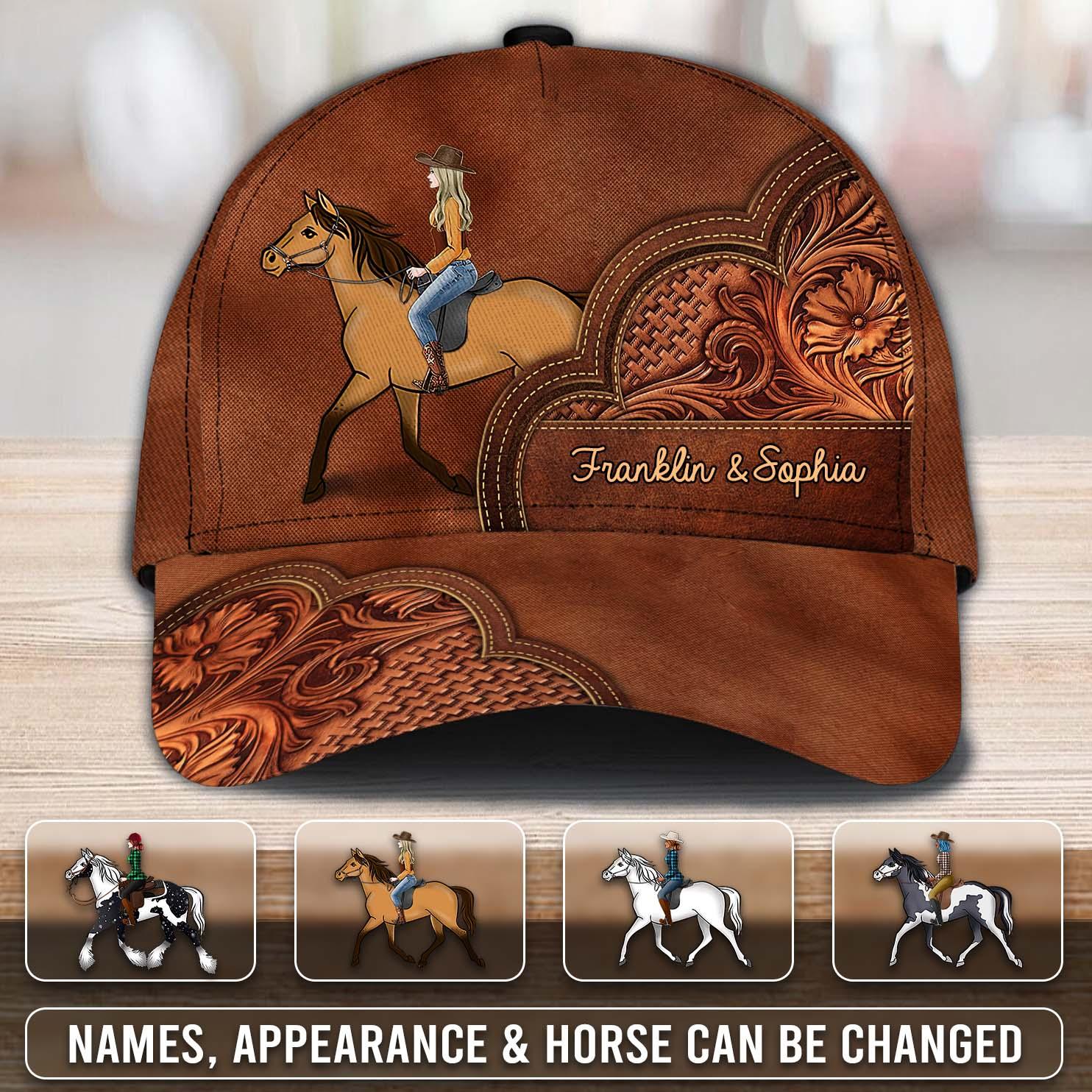Horse Lady With Flower Leather Background Personalized Classic Cap, Personalized Gift for Horse Lovers Trucker Hats Custom Hats Gifts For Men & Women