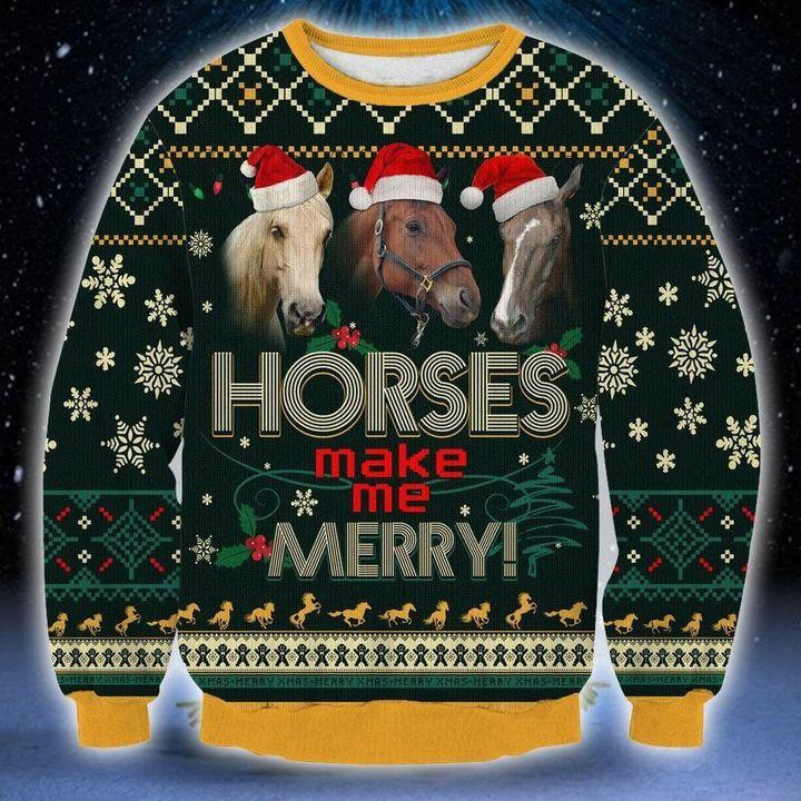 Horse Make Me Merry Ugly Christmas Sweater Adult 3D Funny Matching for family