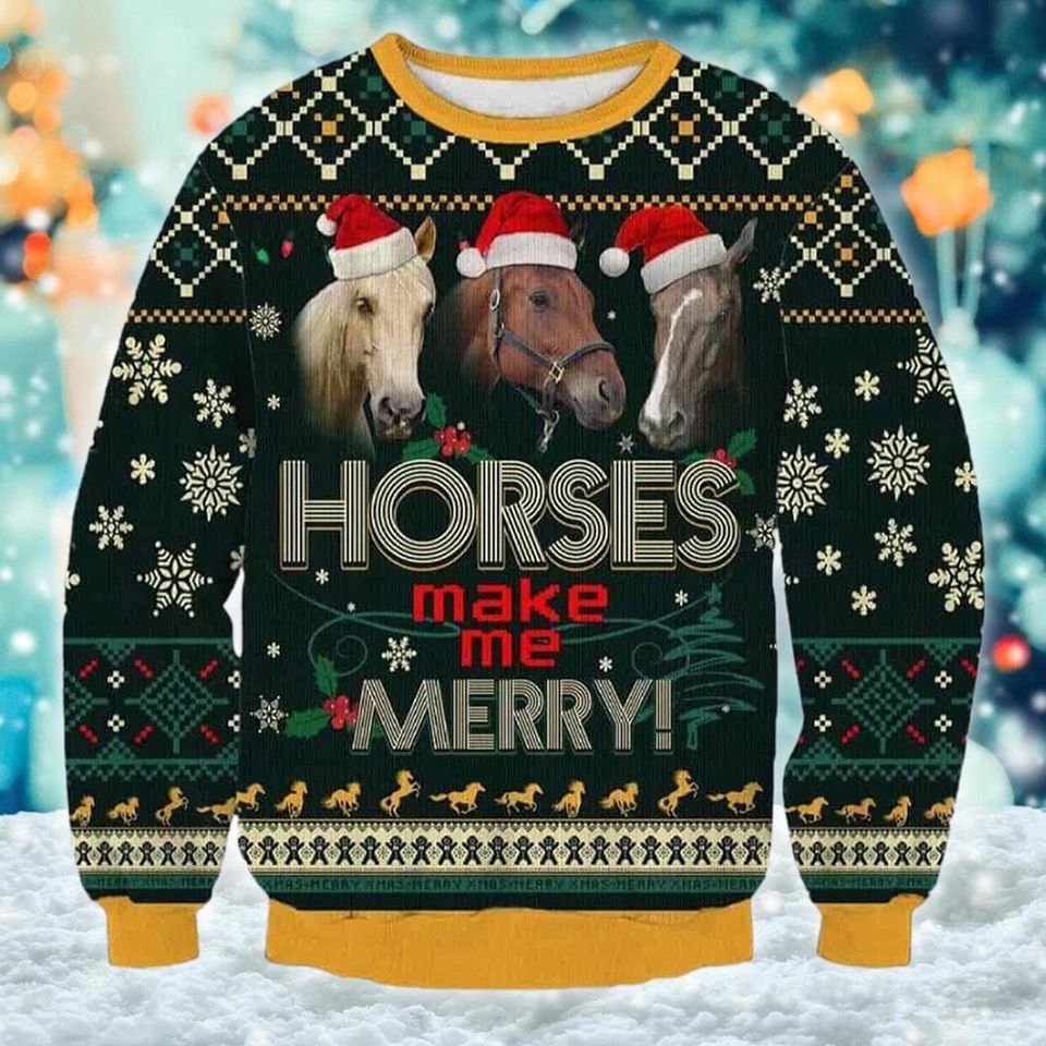 Horse Make Me Merry Ugly Sweatshirt, Horse Santa Hat Xmas Sweatshirt