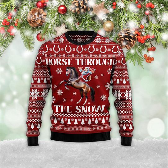 Horse Through The Snow Xmas 3D Ugly Christmas Zip Sweater - Image 4