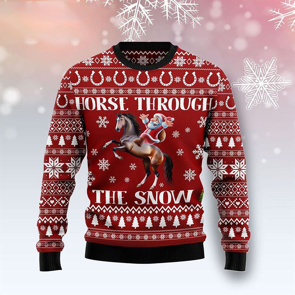 Horse Through The Snow Xmas 3D Ugly Christmas Zip Sweater - Image 2