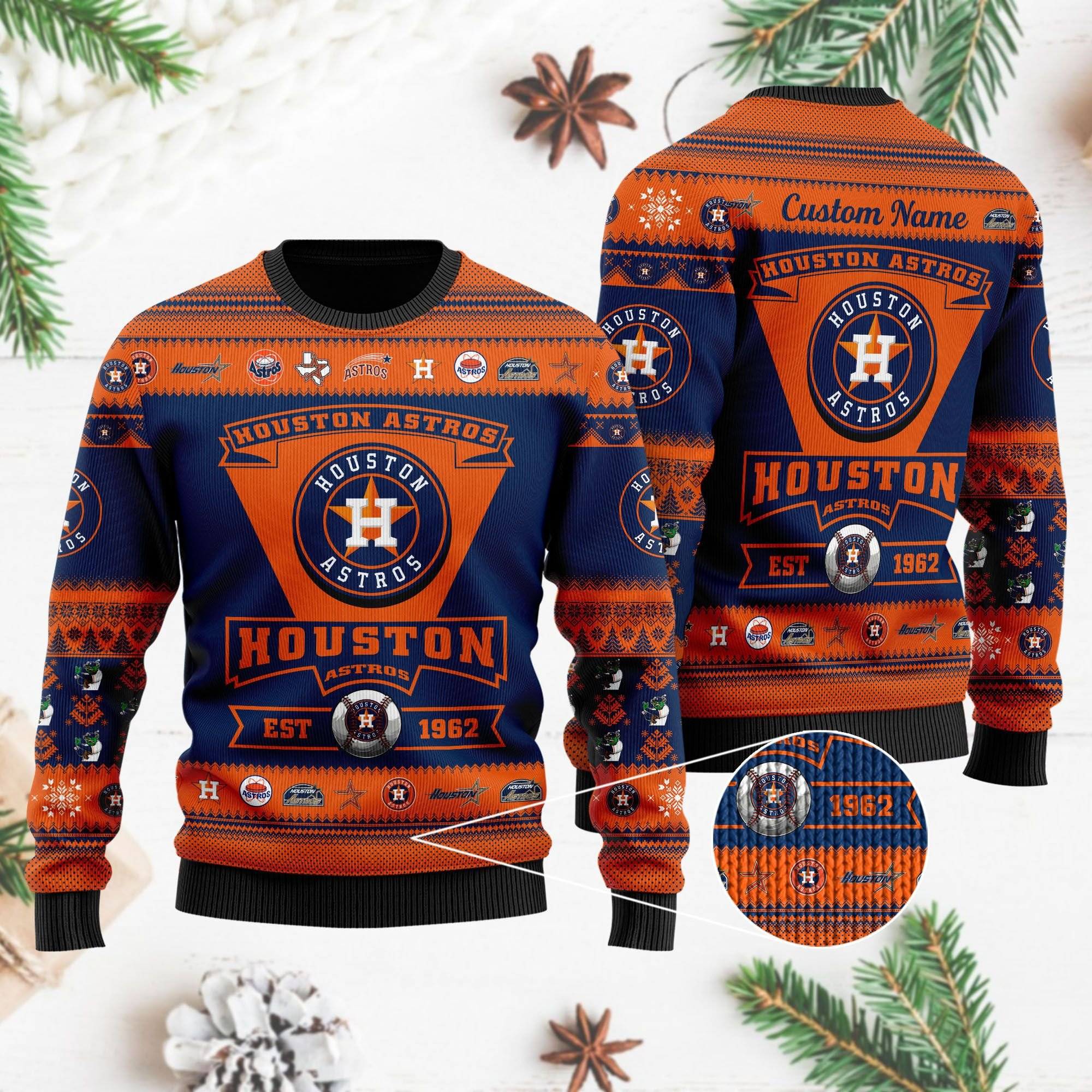 Houston Astros Football Team Logo Custom Name Personalized Ugly Christmas Sweater Adult 3D Funny Matching for family - Image 4