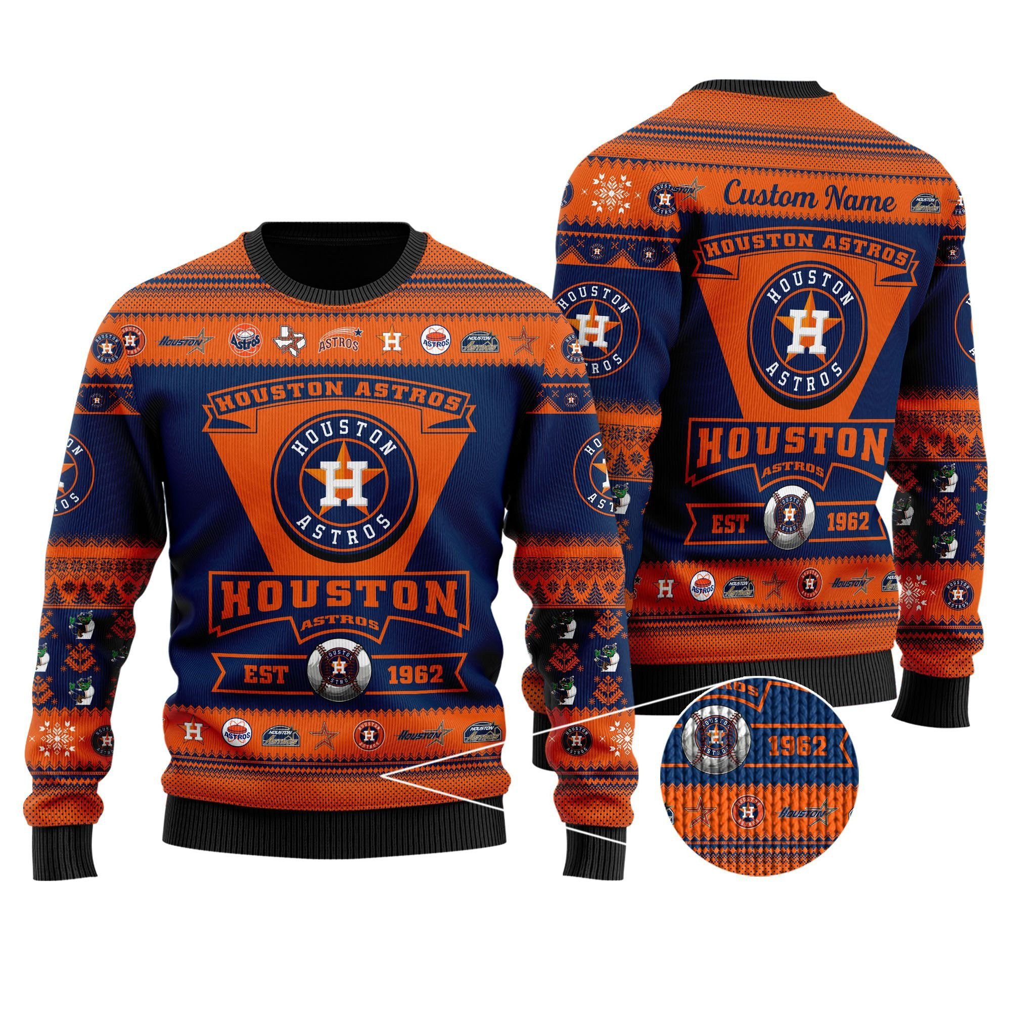 Houston Astros Football Team Logo Custom Name Personalized Ugly Christmas Sweater Adult 3D Funny Matching for family