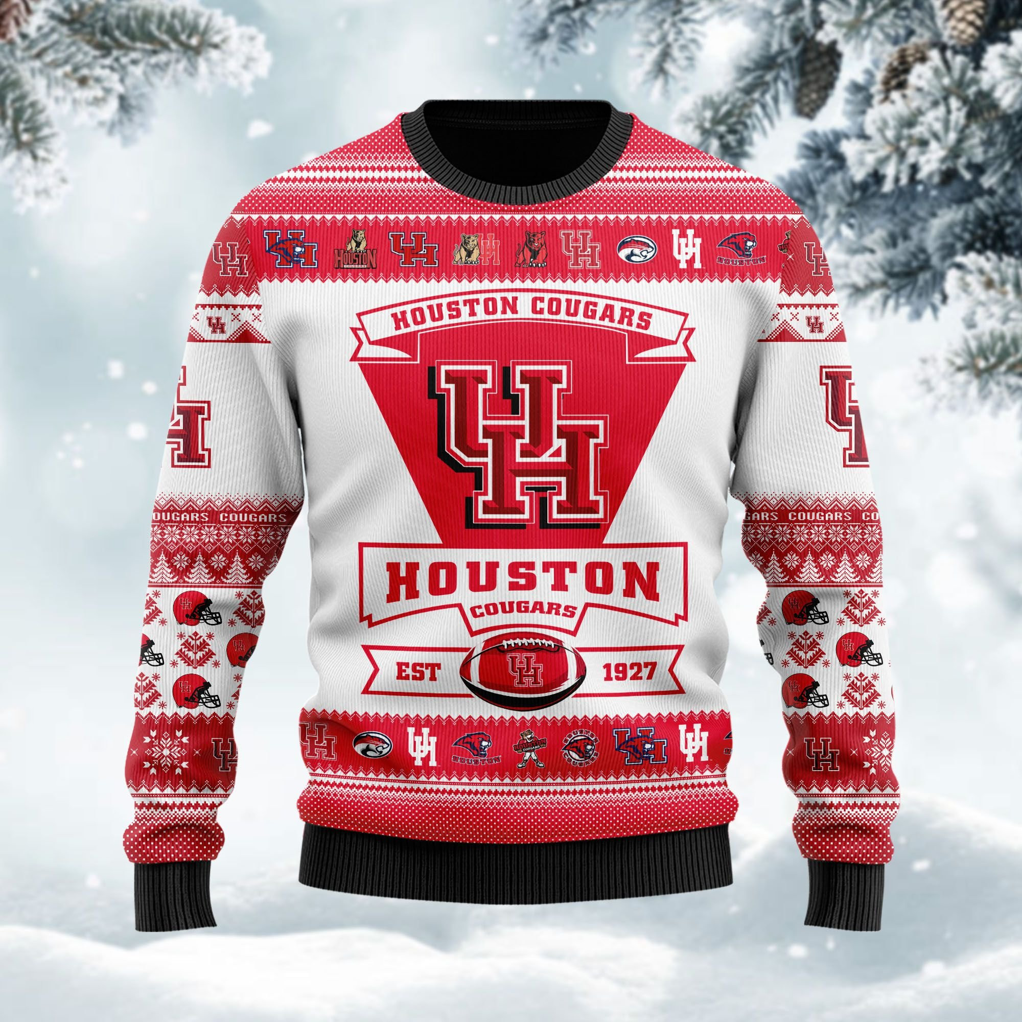 Houston Cougars Football Team Logo Custom Name Personalized Ugly Christmas Sweater Adult 3D Funny Matching for family - Image 2