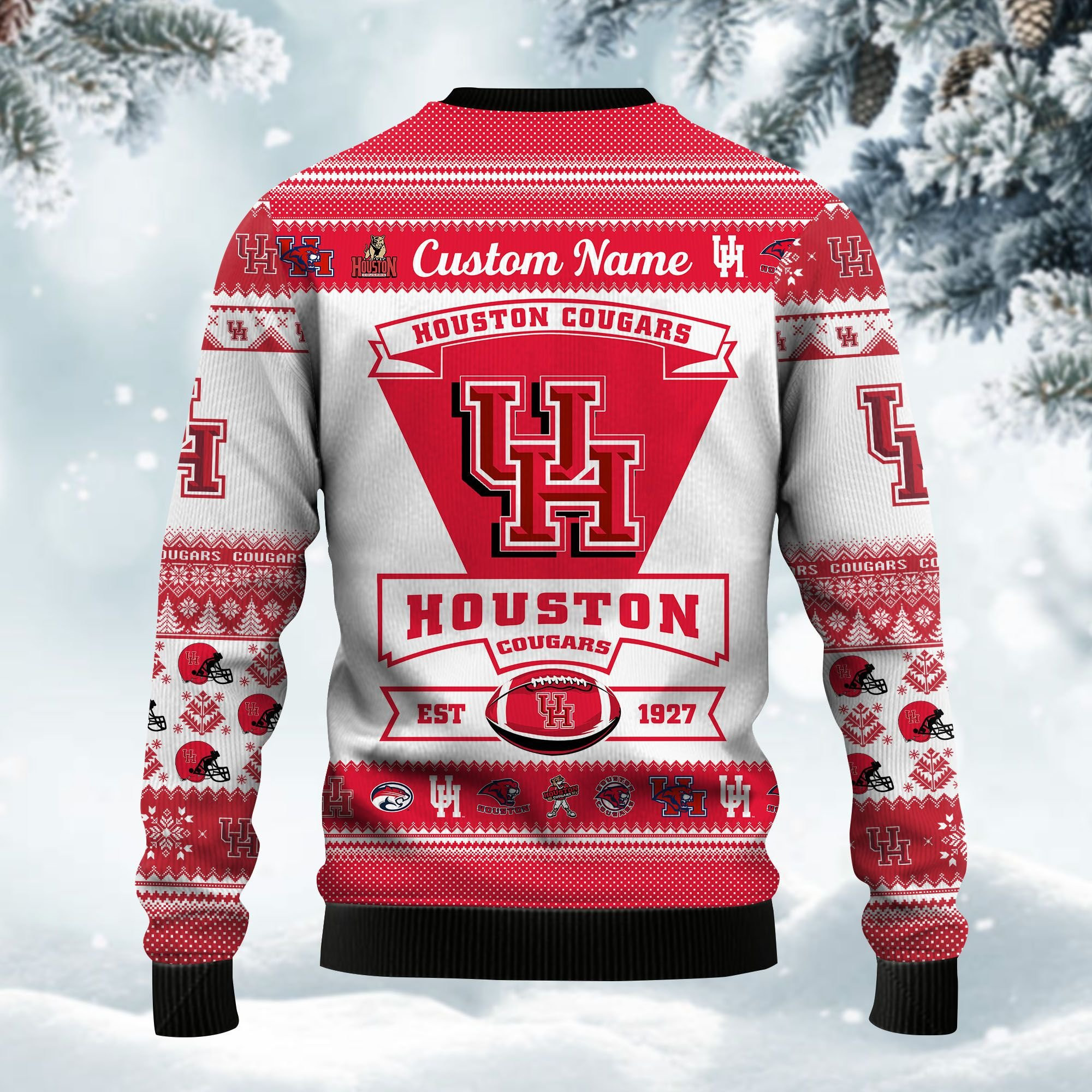 Houston Cougars Football Team Logo Custom Name Personalized Ugly Christmas Sweater Adult 3D Funny Matching for family - Image 3