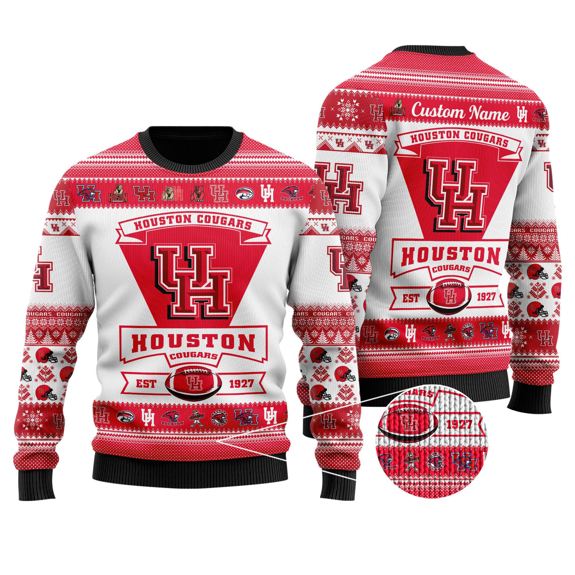 Houston Cougars Football Team Logo Custom Name Personalized Ugly Christmas Sweater Adult 3D Funny Matching for family