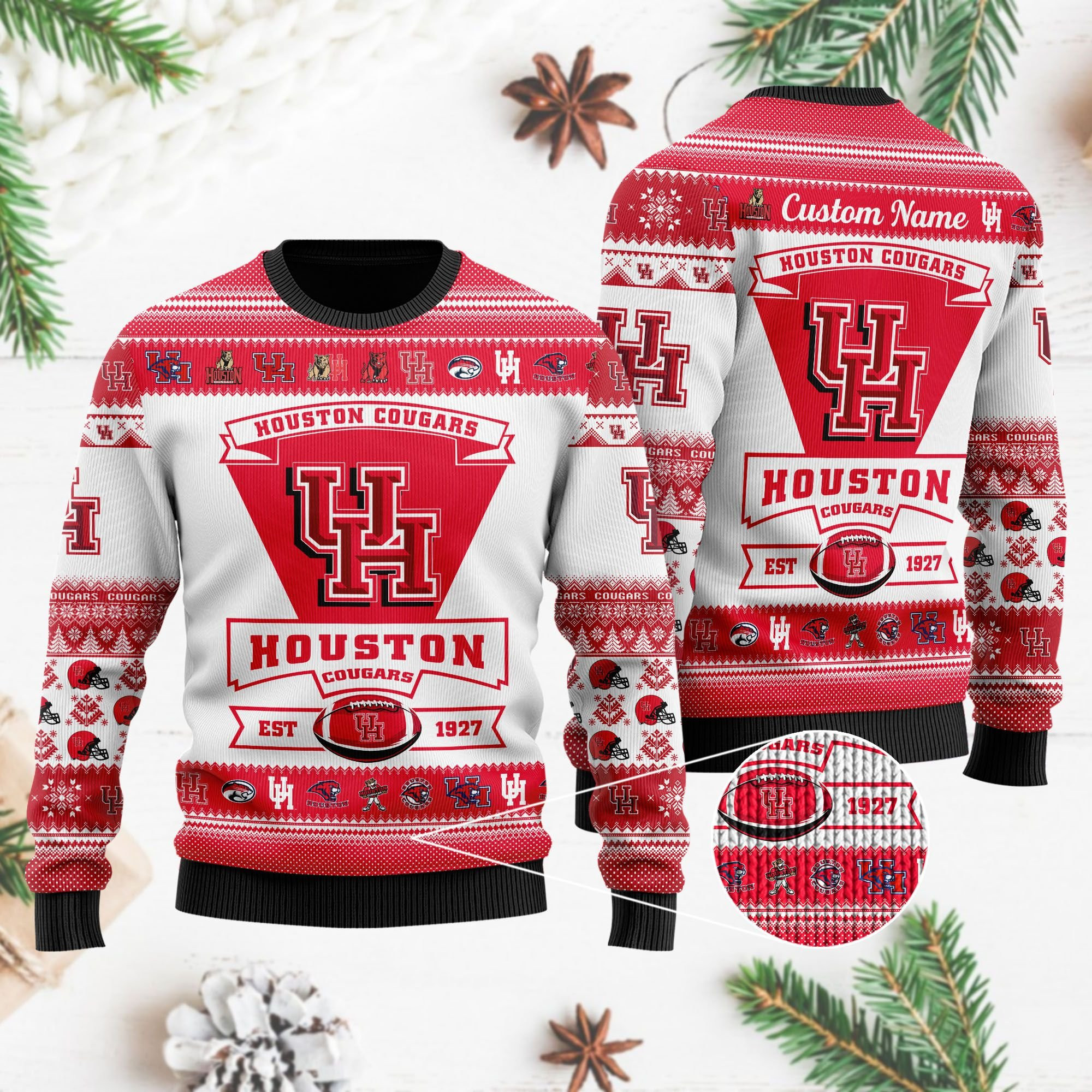Houston Cougars Football Team Logo Custom Name Personalized Ugly Christmas Sweater Adult 3D Funny Matching for family - Image 4