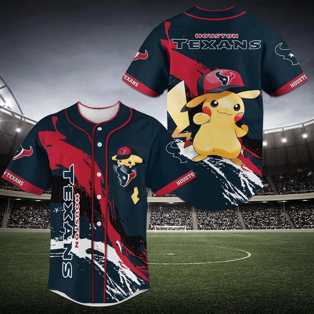 Houston Texans NLF Baseball Jersey Shirt With Pikachu Print