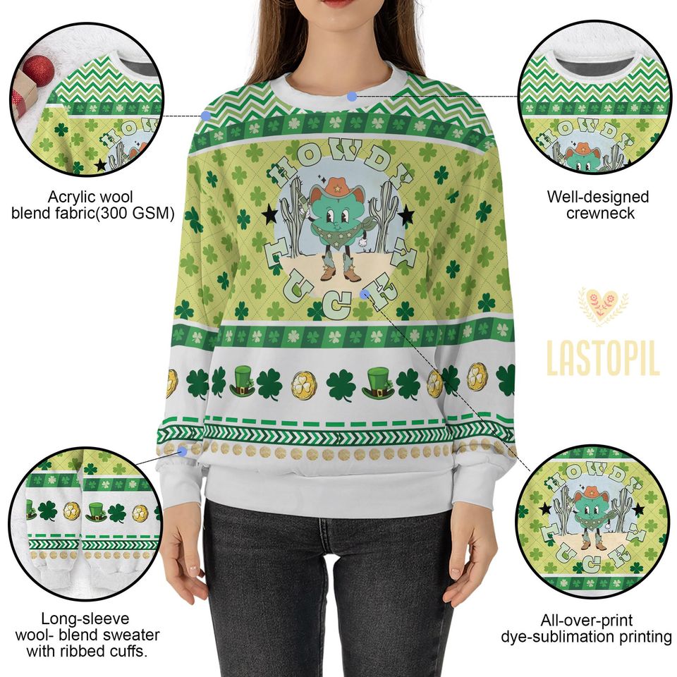 Howdy Lucky Ugly Sweater Happy St Patricks Day Sweatshirt Lucky Shamrock Crewneck - Image 5