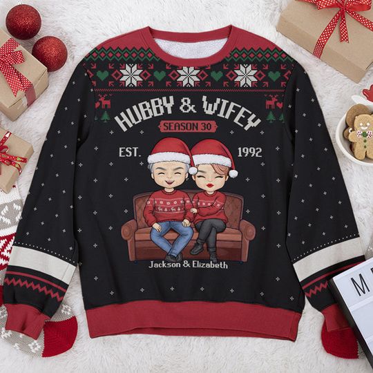 Hubby & Wifey Together - Personalized Custom Unisex Ugly Christmas Sweatshirt - Gift For Couple, Husband Wife, Anniversary, Engagement, Wedding, Marriage Gift - Image 4