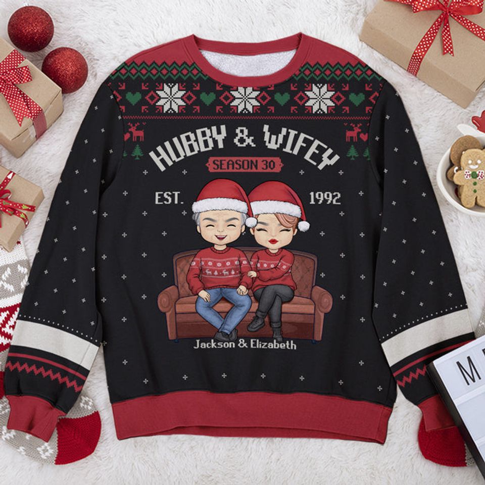 Hubby & Wifey Together - Personalized Custom Unisex Ugly Christmas Sweatshirt - Gift For Couple, Husband Wife, Anniversary, Engagement, Wedding, Marriage Gift