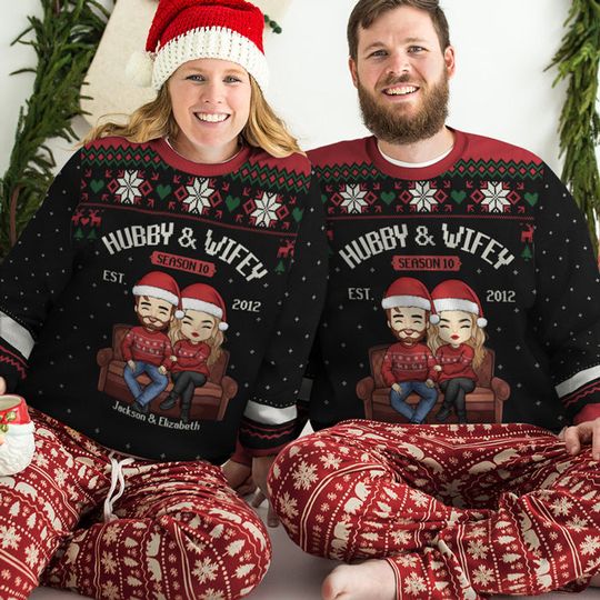 Hubby & Wifey Together - Personalized Custom Unisex Ugly Christmas Sweatshirt - Gift For Couple, Husband Wife, Anniversary, Engagement, Wedding, Marriage Gift - Image 5