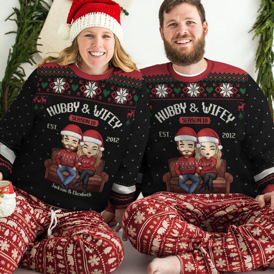 Hubby & Wifey Together - Personalized Custom Unisex Ugly Christmas Sweatshirt - Gift For Couple, Husband Wife, Anniversary, Engagement, Wedding, Marriage Gift - Image 2
