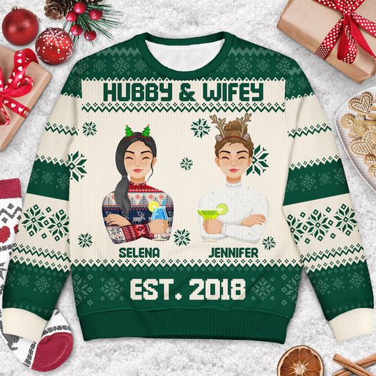 Hubby And Wifey Anniversary Christmas Gift For Couples Personalized Unisex Ugly Sweatshirt - Image 6