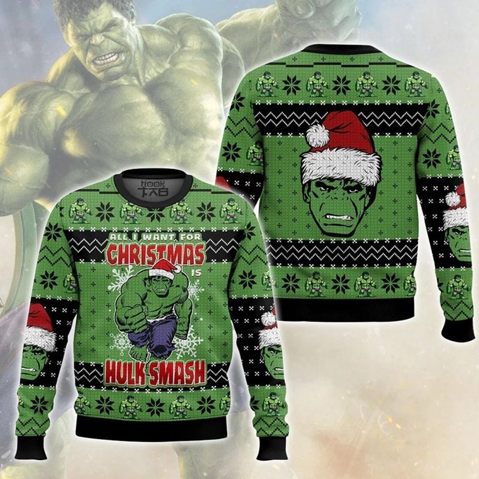 Hulk Smash All I Want For Christmas Ugly Sweater, Hulk Ugly Sweater