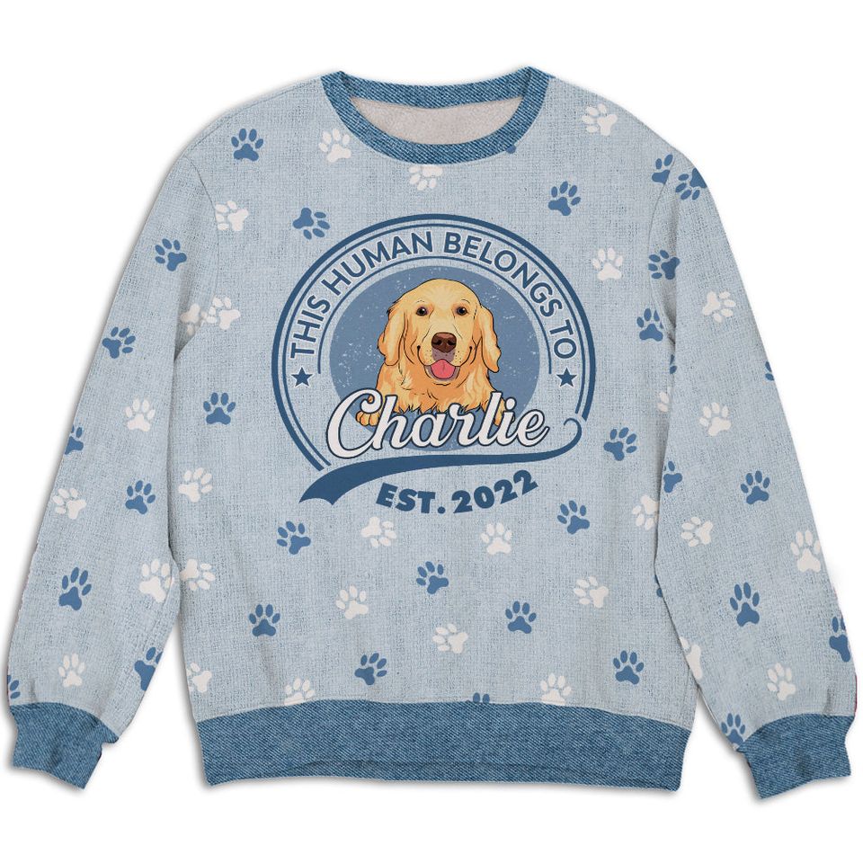 Human Belongs To Paws Print Custom Dogs Lover Personalized Christmas Ugly Sweatshirt