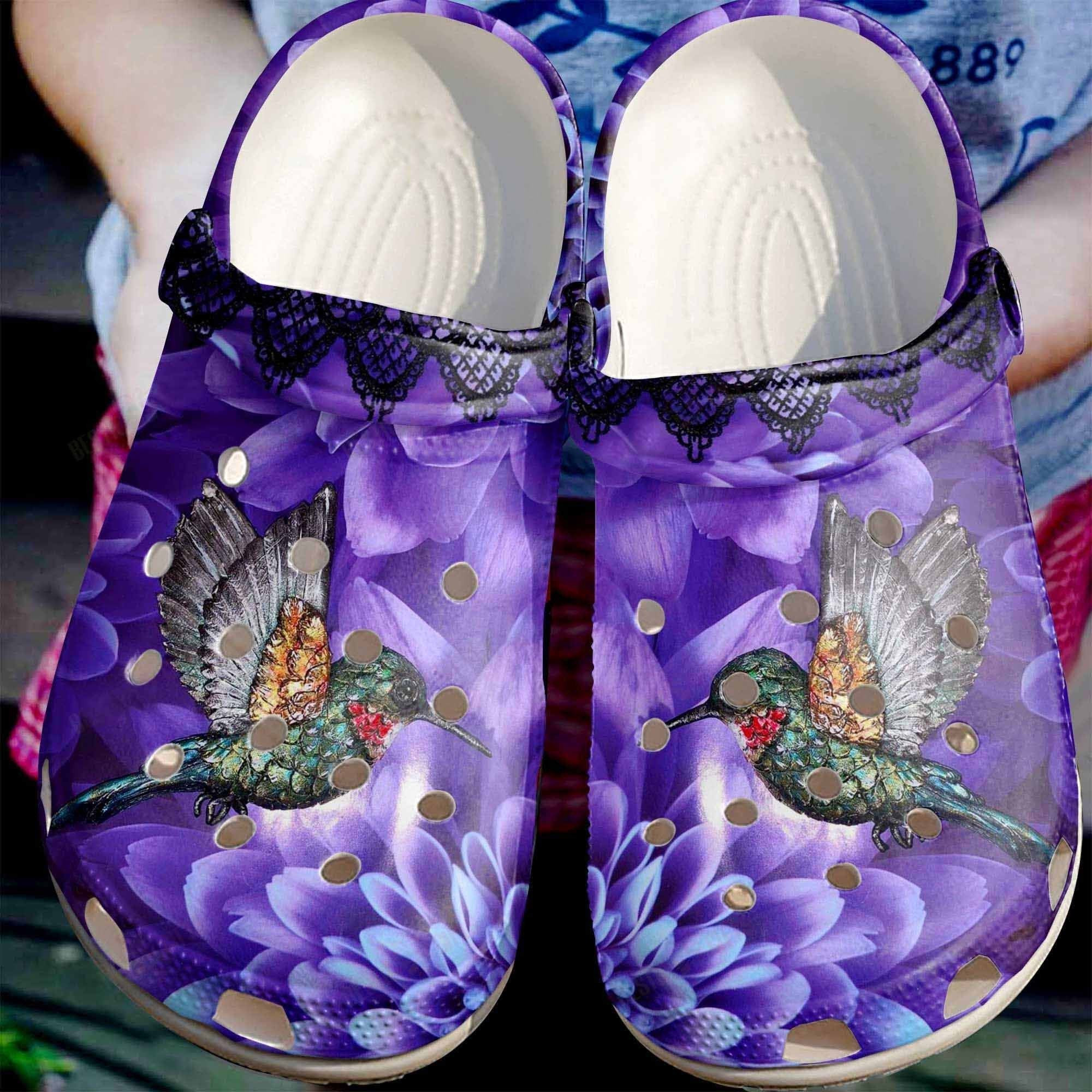 Hummingbird And Purple Flower Clogs Shoes Gifts For Birthday