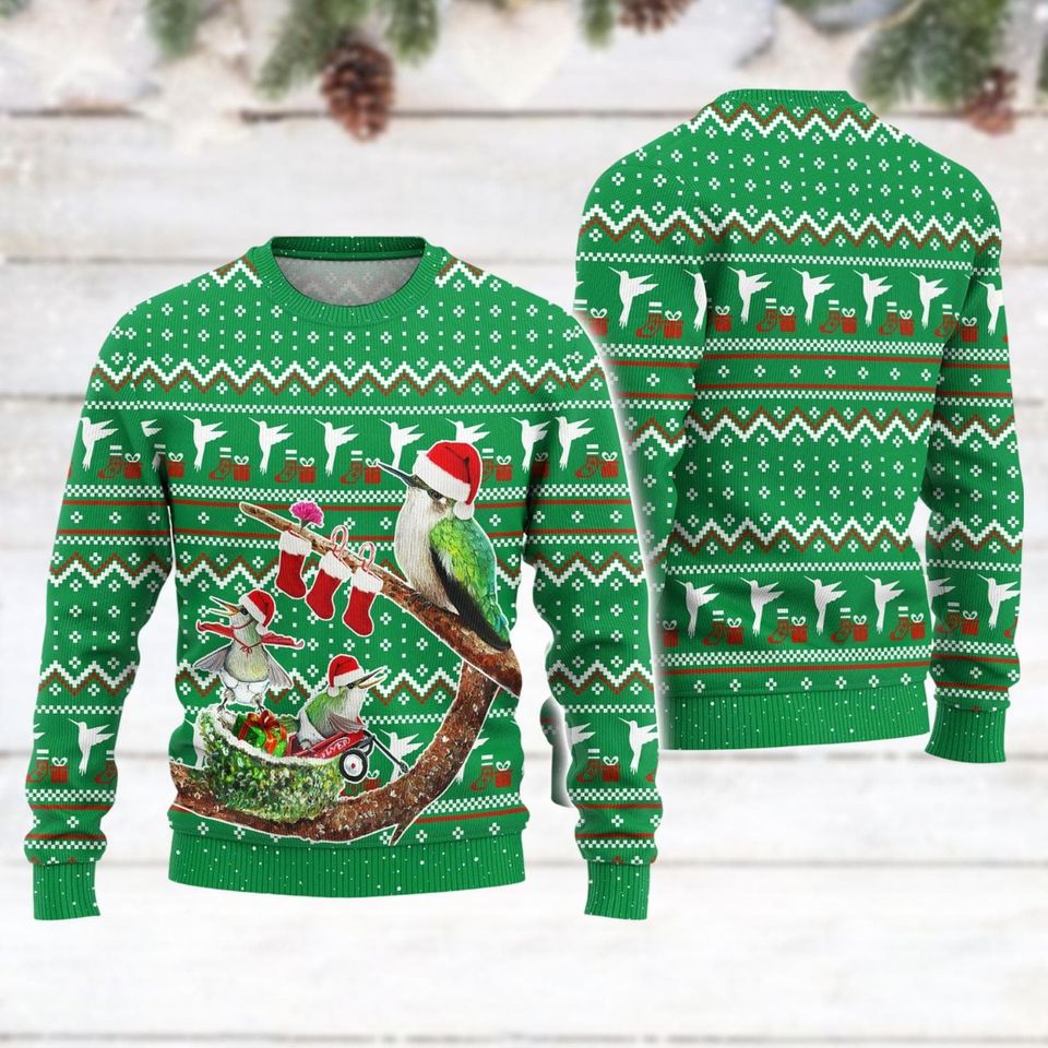 Hummingbird Family Ugly Christmas Sweater, Hummingbird Santa Hat Christmas