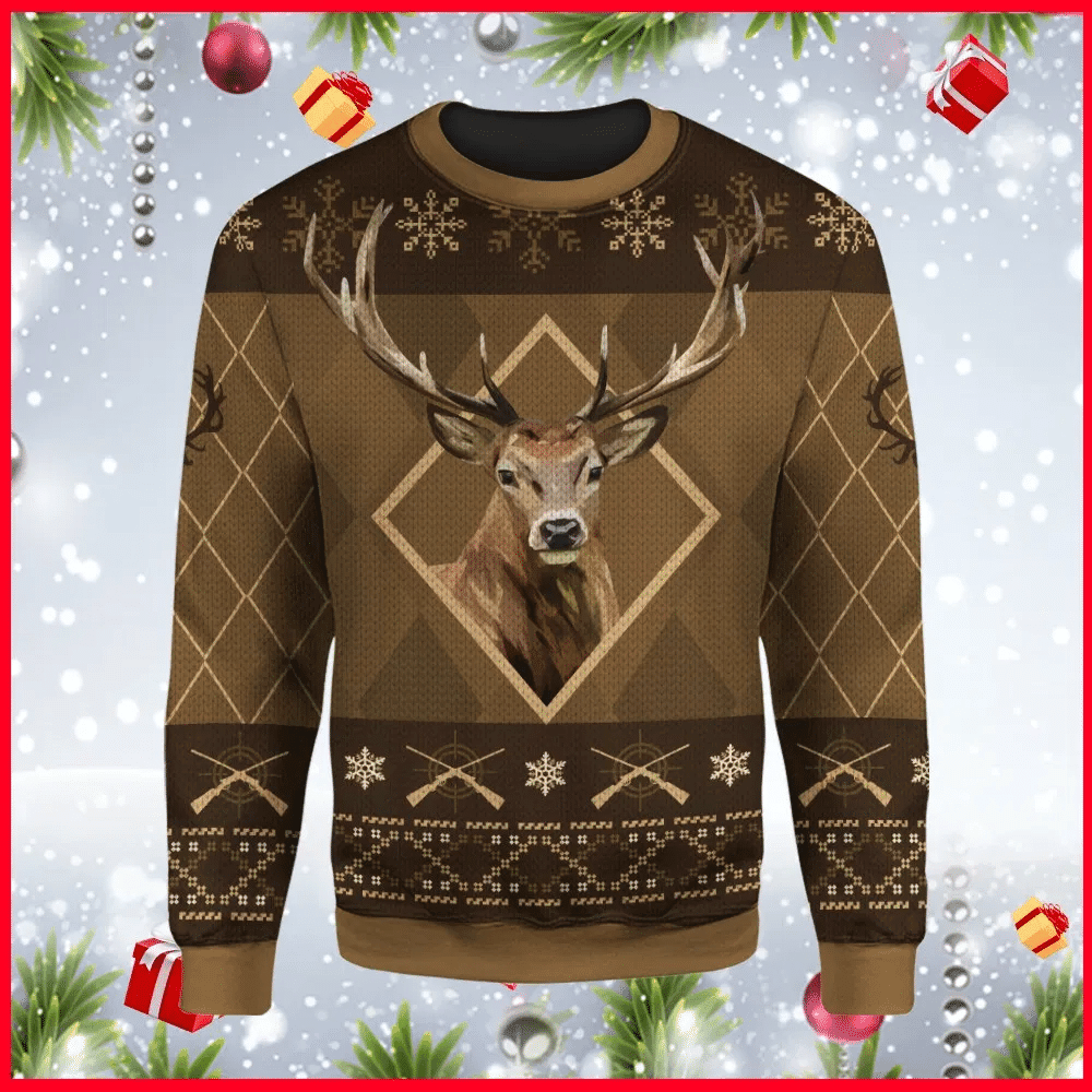 Hunting Deer Ugly Christmas Sweater Adult 3D Funny Matching for family