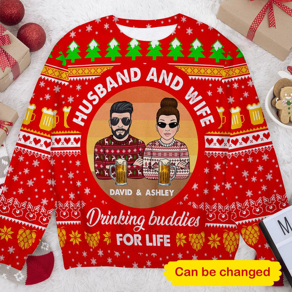 Husband & Wife Drinking Buddies For Life Personalizedwitch Couple Christmas Sweater - Image 3