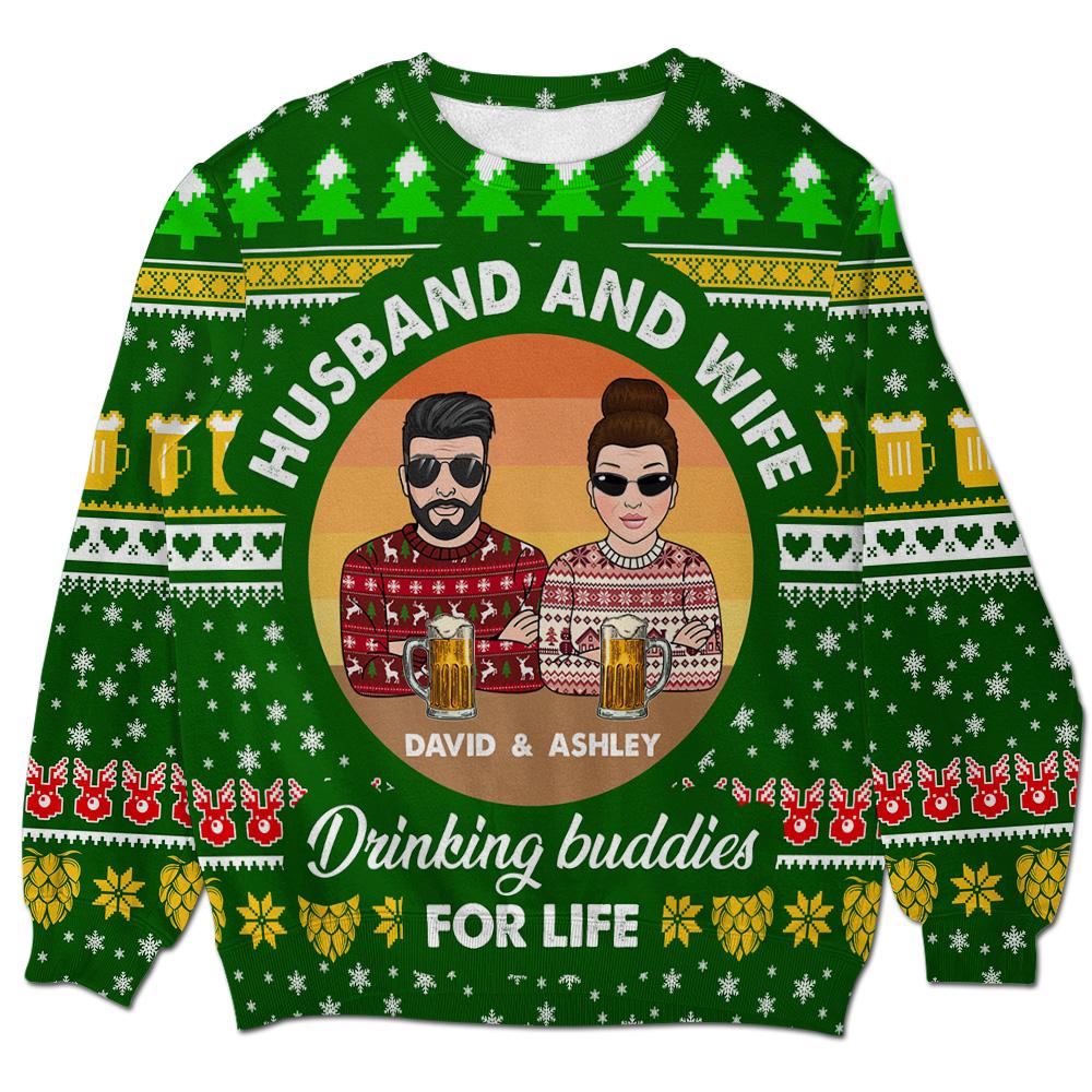 Husband & Wife Drinking Buddies For Life Personalizedwitch Couple Christmas Sweater - Image 2