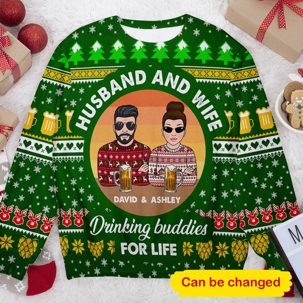 Husband & Wife Drinking Buddies For Life Personalizedwitch Couple Christmas Sweater - Image 4