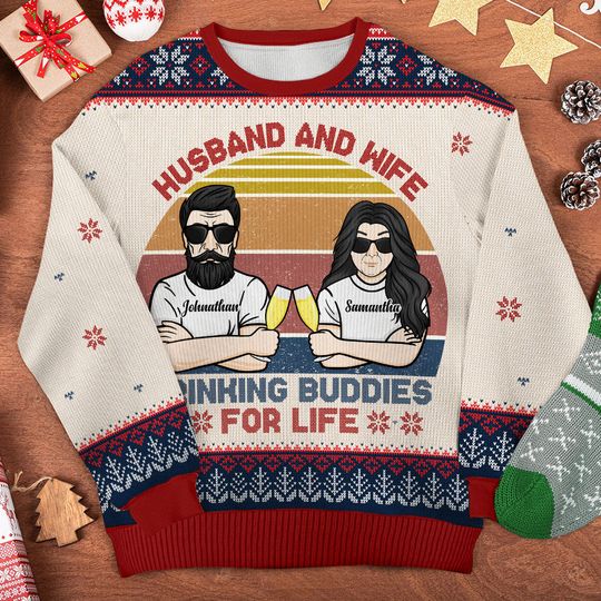 Husband And Wife Drinking Buddies For Life Personalized Matching Couple Anniversary Gift Custom Unisex Wool Jumper Ugly Sweatshirt - Image 6