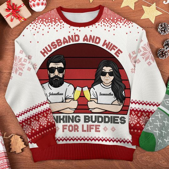 Husband And Wife Drinking Buddies - Gift For Couples, Personalized Custom Unisex Ugly Christmas Sweatshirt - Image 5