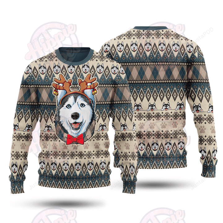 Husky Reindeer Horn Ugly Christmas Sweater Adult 3D Funny Matching for family