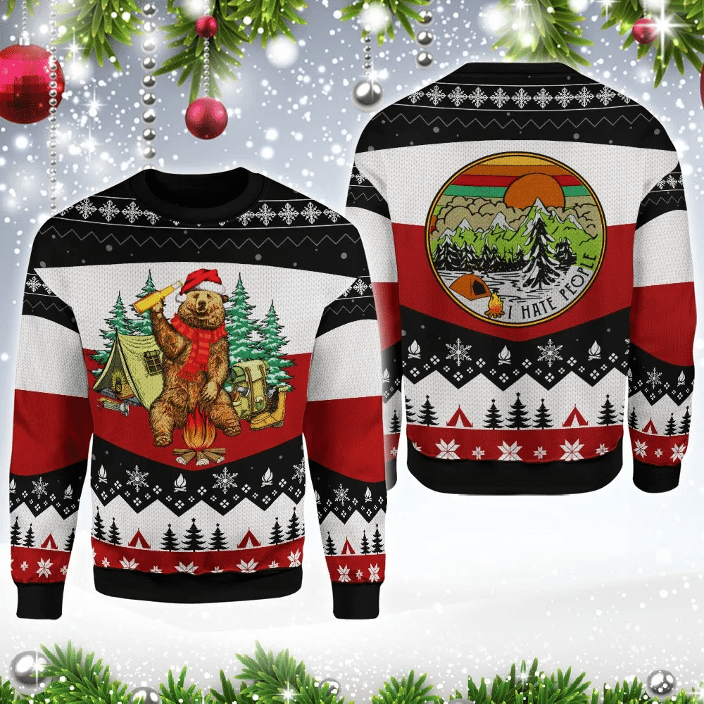 I Hate People Bear Beer Ugly Christmas Sweater Adult 3D Funny Matching for family