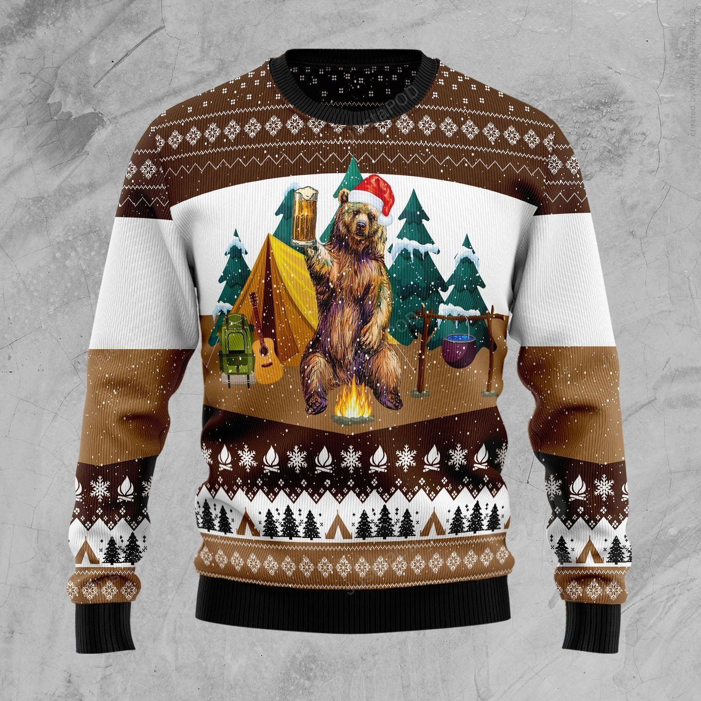 I Hate People Bear Camping Fire Ugly Christmas Sweater Adult 3D Funny Matching for family