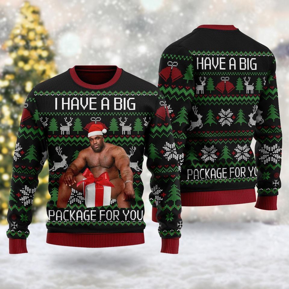 I Have A Big Package Ugly Christmas Sweater, The Men Santa Hat Ugly Xmas Sweatshirt, Funny Christmas Sweater - Image 2