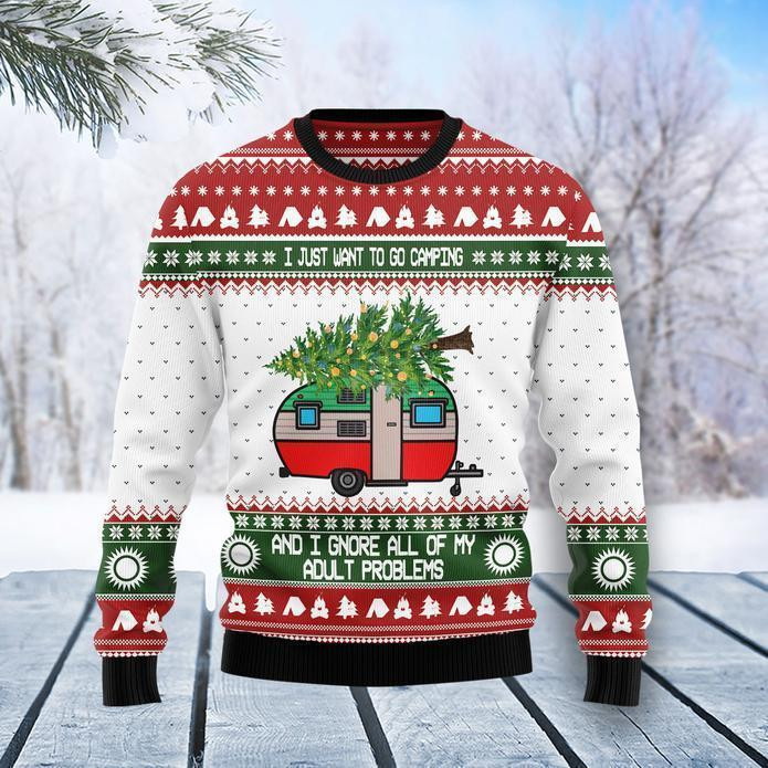 I Just Want To Go Camping Ugly Christmas Sweater Adult 3D Funny Matching for family