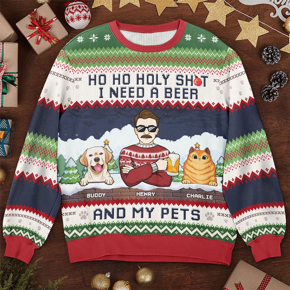 I Need A Beer And My Fur Babies - Dog & Cat Personalized Ugly Sweatshirt - Christmas Gift For Pet Owners, Pet Lovers