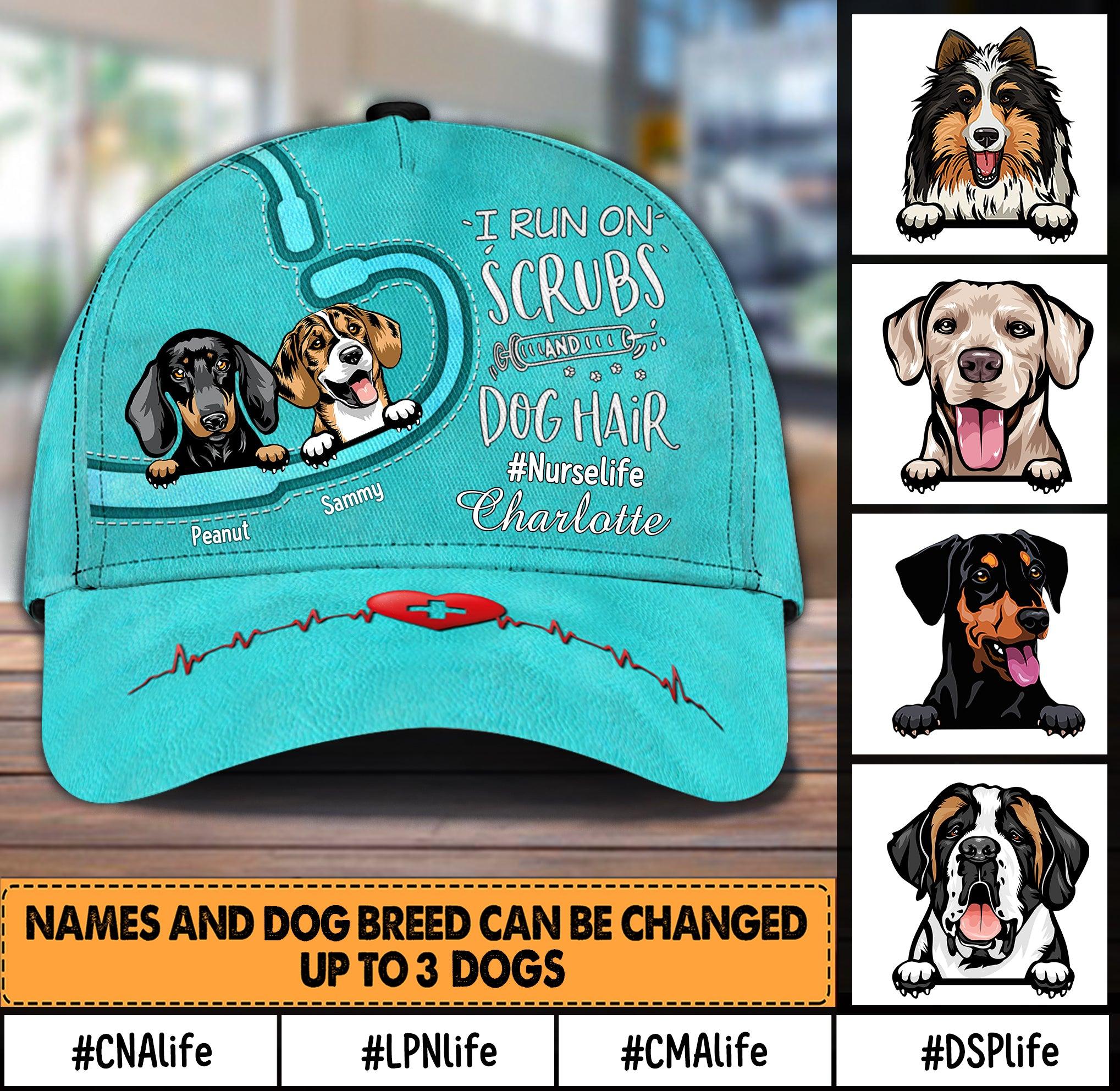 I Run On Scrubs And Dog Hair Personalized Classic Cap, Personalized Gift for Nurse Trucker Hats Custom Hats Gifts For Men & Women