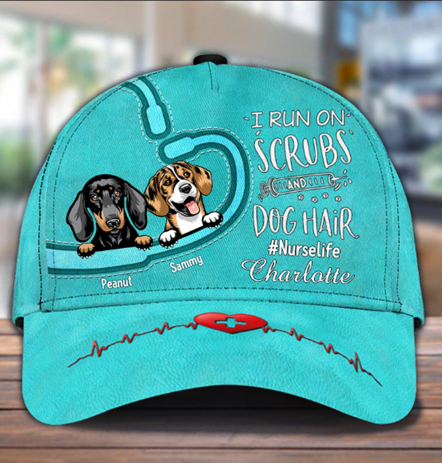 I Run On Scrubs And Dog Hair Personalized Classic Cap, Personalized Gift for Nurse Trucker Hats Custom Hats Gifts For Men & Women