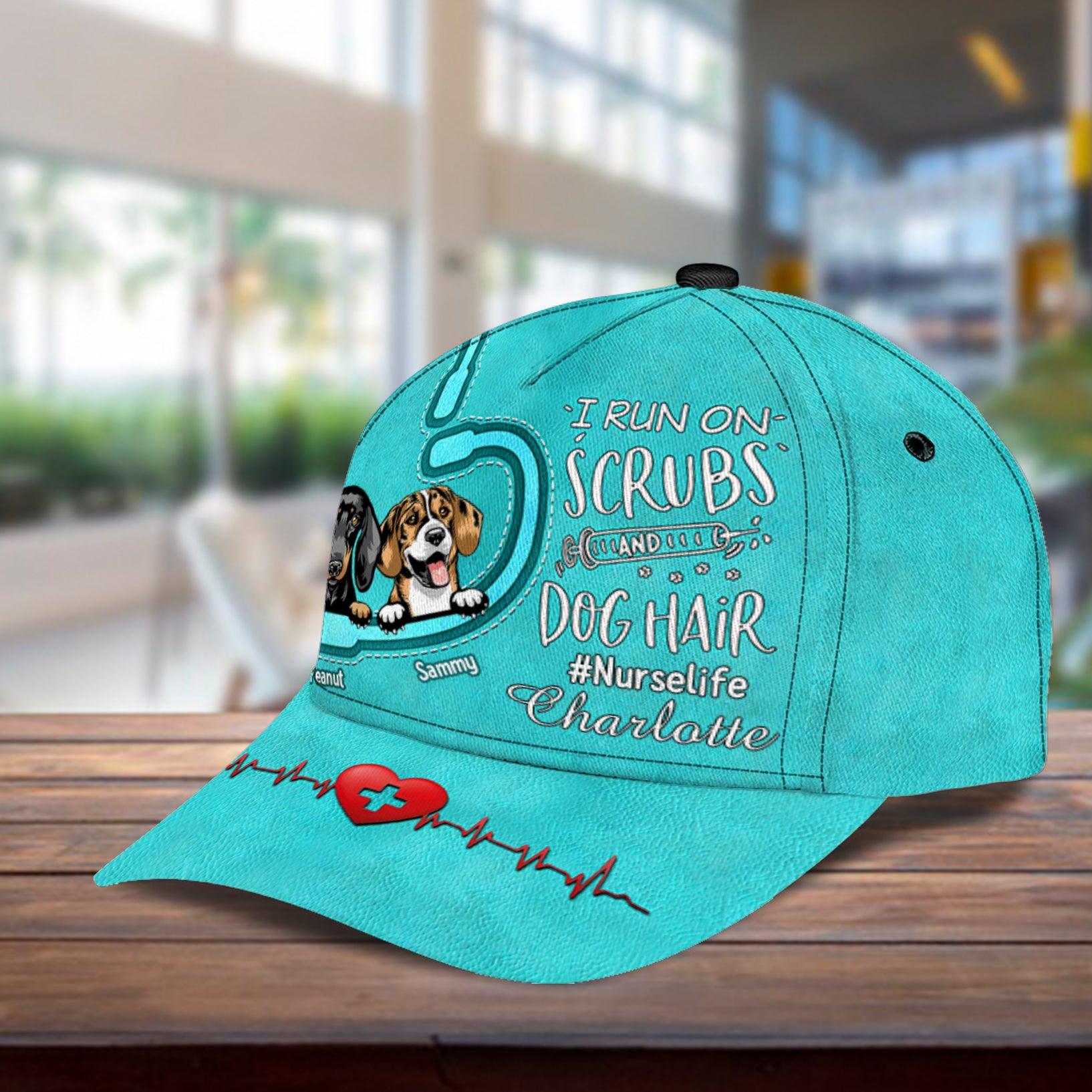 I Run On Scrubs And Dog Hair Personalized Classic Cap, Personalized Gift for Nurse Trucker Hats Custom Hats Gifts For Men & Women