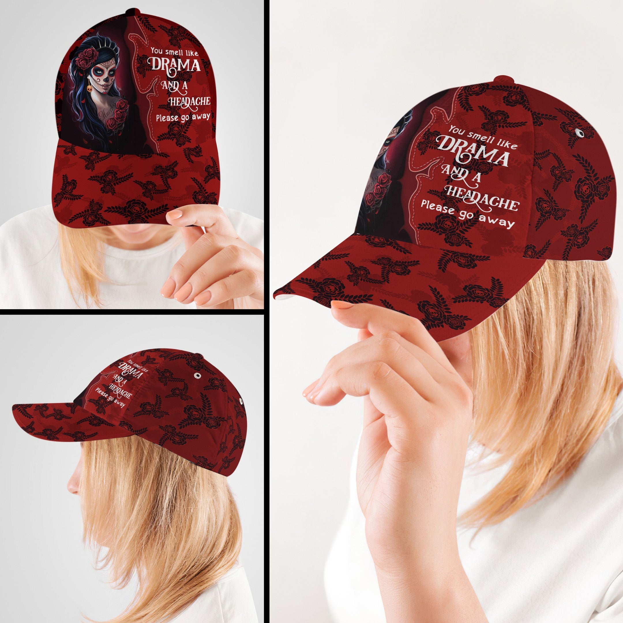 I Smell Like Drama And A Headache Please Go Away Skull Rose Tattoo Hat Classic Cap Trucker Hats Custom Hats Gifts For Men & Women