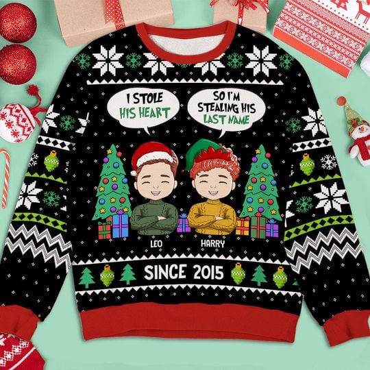I Stole Her Heart She Steal His Last Name Christmas Personalized Custom Ugly Sweater - Image 6