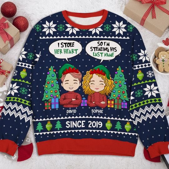 I Stole Her Heart She Steal His Last Name Christmas Personalized Custom Ugly Sweater - Image 5