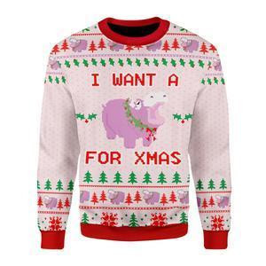 I Want A Hippopotamus Ugly Christmas Sweater Adult 3D Funny Matching for family