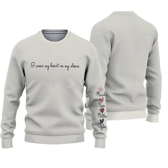 I Wear My Heart On My Sleeve Crewneck or Hoodie, Custom Mama Sweatshirt with Children Name on Sleeve - Image 2