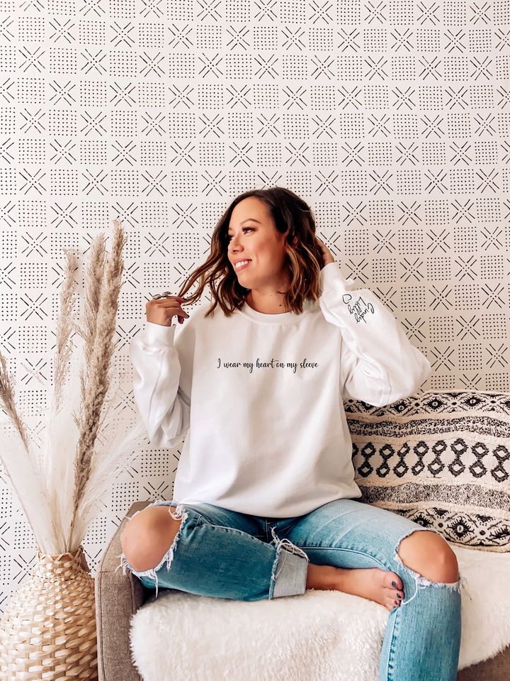 I Wear My Heart On My Sleeve Sweatshirt, Personalized Mama Sweatshirt With Kid Names