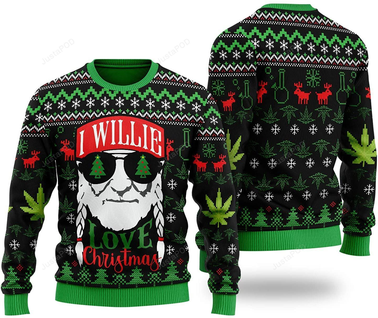 I Willie Love Christmas Willie-Nelson Bond-Weed Funny Ugly Christmas Sweater Adult 3D Funny Matching for family