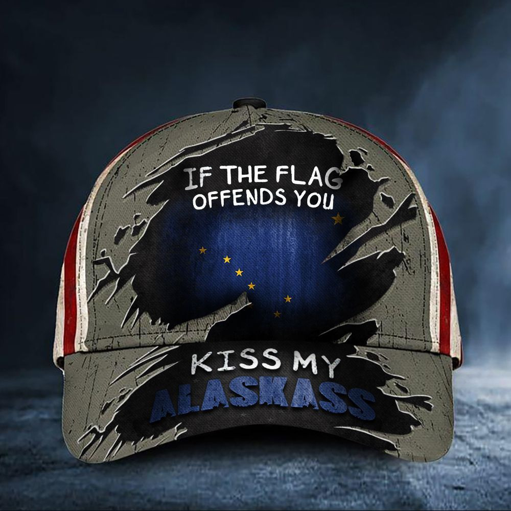 If The Flag Offends You Kiss My Alaskass Cap USA Flag Vintage Hat Funny Patriot Alaska Merch Trucker Hats Custom Hats Gifts For Men & Women
