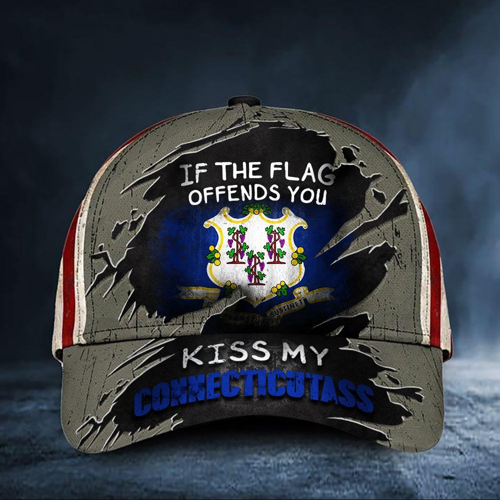 If The Flag Offends You Kiss My Connecticutass Hat Vintage USA Flag Flexfit Hat Patriotic Funny Trucker Hats Custom Hats Gifts For Men & Women